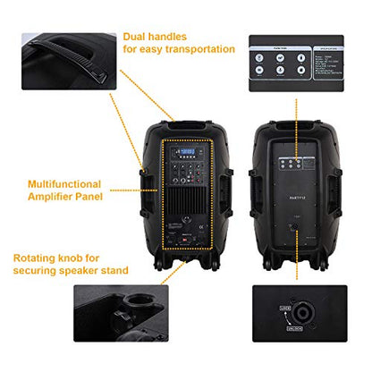 RECK Party 12 12-Inch 1000 Watts 2-Way Powered PA Speaker System Combo Set with Bluetooth/USB/SD Card Reader/FM Radio/Remote Control/Speaker Stand