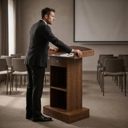 Teacher Podium Stand Lectern Wooden Drawer Lectern Podium 42in Height Wooden Storage Drawer Brown for Classroom Office Reception School Seminar Floor Standing(Brown)