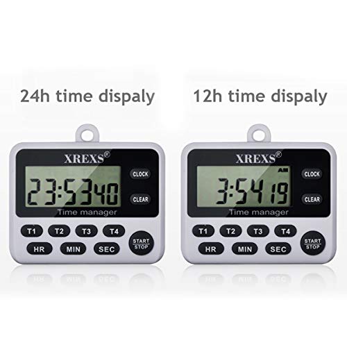 XREXS 4 Channel Digital Kitchen Timer Clock with Large LCD Display | 4 Groups Simultaneous Timing Countdown Up Pocket Timer, Magnetic Attachable (Battery Included)
