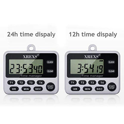 XREXS 4 Channel Digital Kitchen Timer Clock with Large LCD Display | 4 Groups Simultaneous Timing Countdown Up Pocket Timer, Magnetic Attachable (Battery Included)