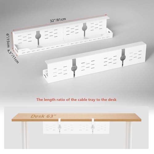 Univivi Under Desk Cable Management Tray, Cable Management, 32 inch, White | Durable Steel Material, Under Desk Cable Tray with No-Drill C-Clamp and Screw Mount, Wire Management for Office/Home - color: White, size: 32"