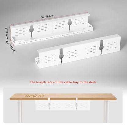 Univivi Under Desk Cable Management Tray, Cable Management, 32 inch, White | Durable Steel Material, Under Desk Cable Tray with No-Drill C-Clamp and Screw Mount, Wire Management for Office/Home - color: White, size: 32"