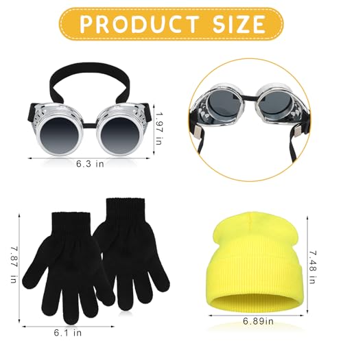 18 Pcs Yellow Cartoon Character Costume Accessory Adult Halloween | Steampunk Yellow Beanie Hat Goggles Gloves Set, Cosplay Themed Dress Up, Group Costume Men Women