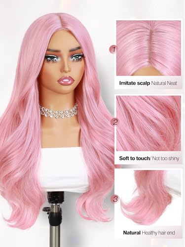 Quantum Love Long Curly Pink Wig for Women Long Wavy Middle Part Light Pink Wigs 28Inch Natural Looking Synthetic Fashion Color Hair for Cosplay Halloween Daily Party Use - color: Pink
