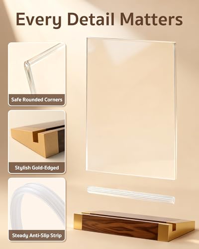 Acrylic Sign Holder 8.5 x 11 Inch with Walnut Wood Base, 1 Pack Clear Table Sign Holders for Tabletop Menu & Flyer Stand, Commercial Table Frames for Restaurant, Office, Coffee, Bar, Wedding, Hotel