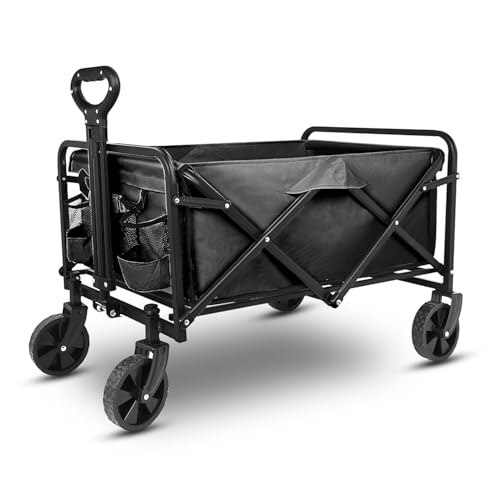 Yesker Foldable Wagon - 220lbs Collapsible Garden Carts with All Terrain Wheels for Outdoor Camping Sports Shopping Gardening - Heavy Duty Portable Utility Trolley (Black) - color: Black, size: 27*18*17"