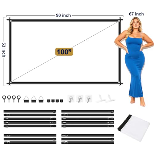 100 inch Fixed Frame Projector Screen, Outdoor Indoor Movie Projector Screen, Wrinkle-Free Large Hanging Projection Screen for Room Wall, Theater, Camping, Backyard, 4K HD 16:9