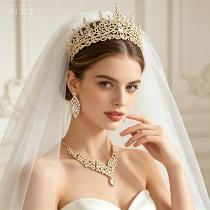 Tiaras Crowns for Women,Wedding Jewelry Set, Tiaras Necklace Earrings Crystal Bridal Wedding Jewelry Sets for Brides Bridesmaid Prom Costume Accessories - color: Gold whtie