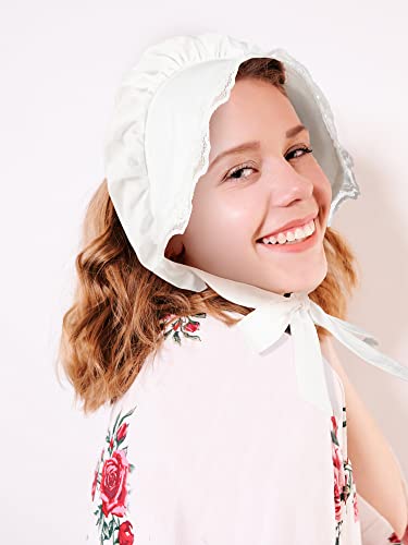 Hicarer White Mob Cap Women Colonial Bonnet Hat Grandma Mop Hat Mob Bonnets Lace with Adjustable Straps for Maid