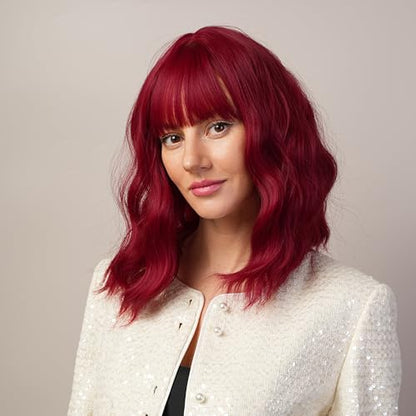 Wine Red Wig with Bangs Short Curly Wavy Bob Wig for Women Heat Resistant Fiber Synthetic Wig Natural Looking Daily Cosplay Party 16 Inches - color: Red