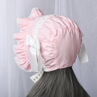 BPURB Victorian Lace Bonnet Colonial Pioneer Hat for Halloween Costume - color: Pink