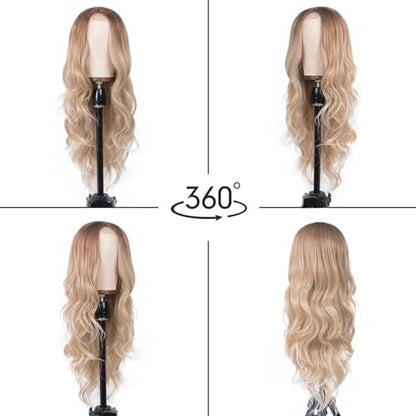 Aida ble Long Wavy Dark Blonde Ombre Wig for Women 26inch Middle Part Wig | Natural Looking Synthetic Wig,Suitable for Daily Wear,Party,Halloween and Cosplay,Beginner-friendly,Lightweight and soft - color: Brown Ombre Blonde