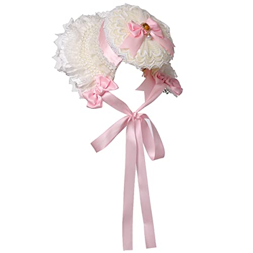 COSDREAMER Girls Women Victorian Bonnets Lace Flowers Tea Party Hats - color: Pink