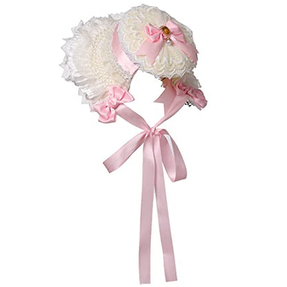 COSDREAMER Girls Women Victorian Bonnets Lace Flowers Tea Party Hats - color: Pink