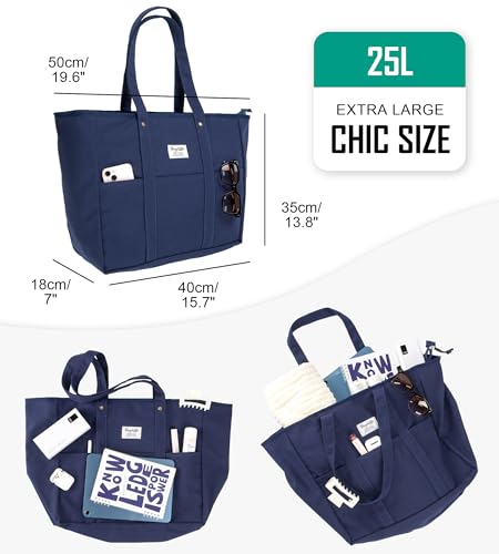 Bagelite Extra Large Canvas Tote Bag for Women Men, Utility Work Bags with Zipper - color: Azure
