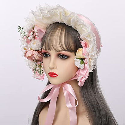 COSDREAMER Girls Women Victorian Bonnets Lace Flowers Tea Party Hats - color: Pink