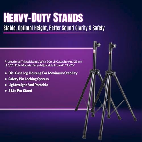 Pa System with Wireless Microphone and Speakers 10" 2000W Built-in Amp | Audio Mixer for DJ party PA kit with Wireless UHF Mic, 6-channel mixer, Dual Wireless UHF mic, 800W Speaker and Dual Stands - size: 10 inch