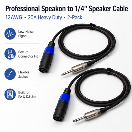 Speakon to 1/4 Speaker Cable 2-Pack 3.3ft, 12AWG OFC Heavy Duty 20A NL4FX Twist Lock, for QSC Crown Yamaha JBL PA System, DJ Stage Monitor Subwoofer Live Sound