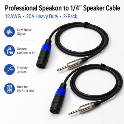 Speakon to 1/4 Speaker Cable 2-Pack 3.3ft, 12AWG OFC Heavy Duty 20A NL4FX Twist Lock, for QSC Crown Yamaha JBL PA System, DJ Stage Monitor Subwoofer Live Sound