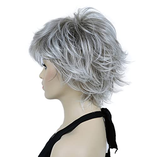 Lydell 8" Short Layered Shaggy Wavy Full Synthetic Wig (48T Light Gray with Dark Root) - color: 48T Gray with Dark Root