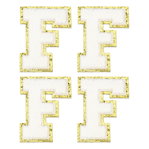 MECCANIXITY Chenille Letter Patches 3.1" Alphabet F Iron on Embroidered Patch Sew on Letter Stickers Applique for Repairing Clothing Jeans Shoes Hats DIY(White, Pack of 4) - style: Letter-F