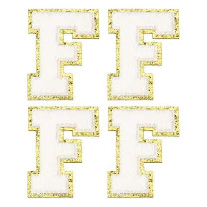 MECCANIXITY Chenille Letter Patches 3.1" Alphabet F Iron on Embroidered Patch Sew on Letter Stickers Applique for Repairing Clothing Jeans Shoes Hats DIY(White, Pack of 4) - style: Letter-F