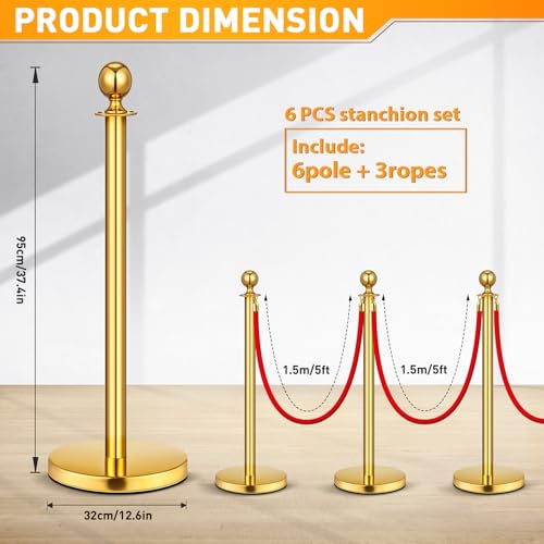 6 Pack Upgraded Stainless Steel Stanchions and Velvet Ropes 5FT Extended Red Carpet Ropes Poles Crowd Control Safety Barriers Set with Stable Base for Theaters Parties Wedding Exhibition (Gold)