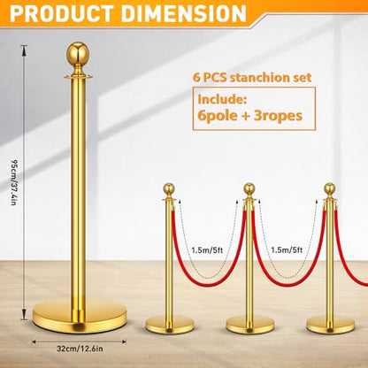 6 Pack Upgraded Stainless Steel Stanchions and Velvet Ropes 5FT Extended Red Carpet Ropes Poles Crowd Control Safety Barriers Set with Stable Base for Theaters Parties Wedding Exhibition (Gold)
