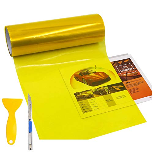 KOMAS 12” X 48” Tint Vinyl Film Sticker Sheet Roll for Car Headlight, Tail Lights, Fog Lights with Squeegee + Cutter (Glossy Yellow) - color: Glossy Yellow