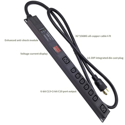 30A Metered Rack PDU, L6-30P Power Distribution Unit with 8 Outlets (6 C13 & 2 C19), 120-240V 7.2kW Server Rack Power Strip with Aluminum Alloy Housing and 6ft Cord - color: 6 C13 + 2 C19 Metered