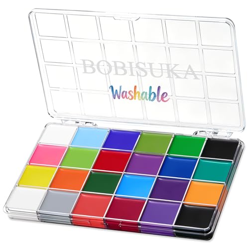 BOBISUKA 24 Colors Water Activated Face Body Paint Palette, Highly Pigmented Washable Face Painting Kit for Halloween Cosplay SFX Festival Party, Body Art Paints for Adults
