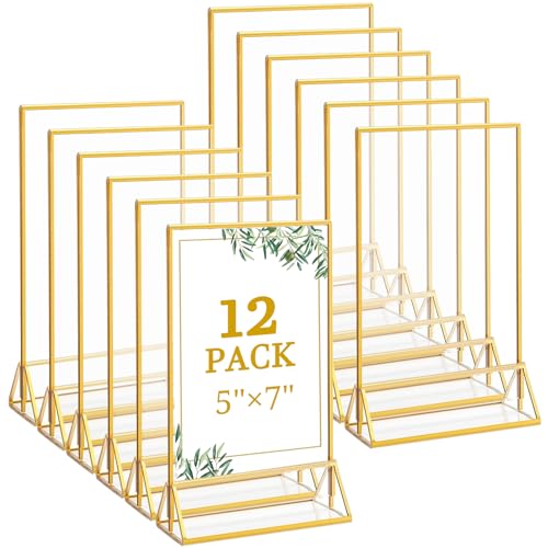 Floroom 12 Pack 5x7 Inch Clear Acrylic Sign Holders, Double-Sided Gold Display Stand Picture Frames for Table Numbers, Menus, Flyers, Weddings, and Offices - color: Gold, size: 5" x 7"- 12 Pack