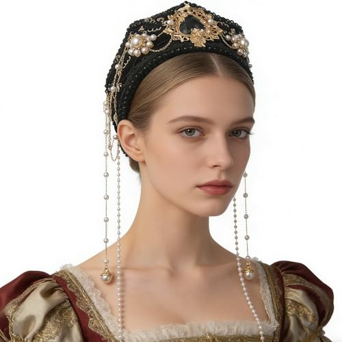 BPURB Women Tudor French Hood Headband Renaissance Anne Boleyn Hat Elizabethan Headwear Halloween Costumes - color: Black