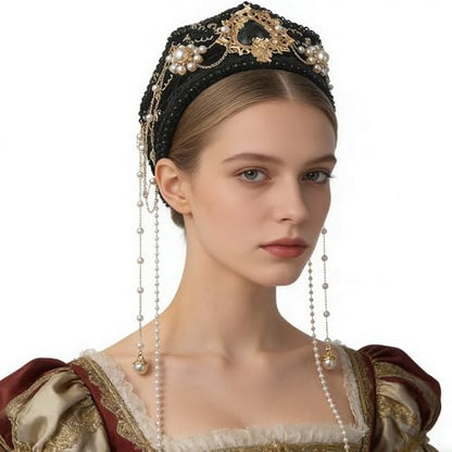BPURB Women Tudor French Hood Headband Renaissance Anne Boleyn Hat Elizabethan Headwear Halloween Costumes - color: Black