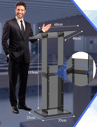Acrylic Podium Stand with Storage Shelf, 45.5" Modern Black Lectern with Reading Platform for Classroom, Weddings, Conference, Concert, Professional Presentation Podiums - color: Black