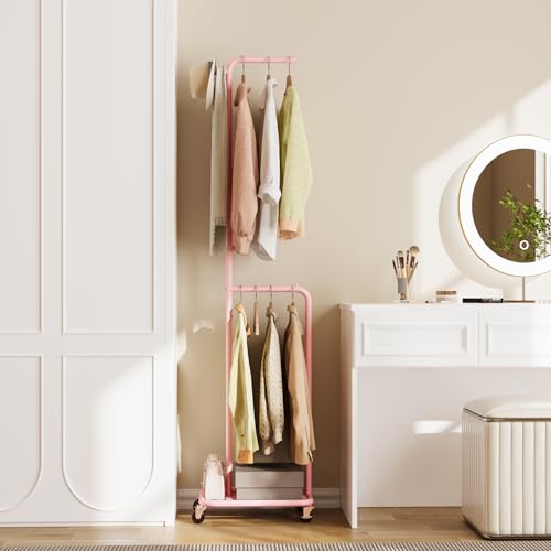 Small Rolling Clothing Rack with Shelf, Narrow Clothes Rack with Wheels | Gasvadivum 71" Tall Sturdy Metal Garment Rack with Hanging Rod, Freestanding Portable Coat Rack for Bedroom, Entryway, Pink - color: Pink