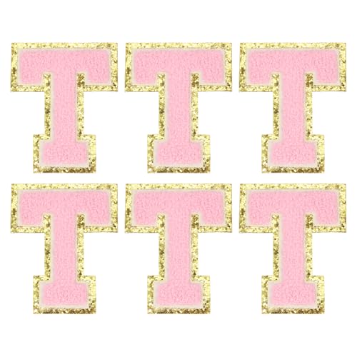MECCANIXITY Chenille Letter Patches 3.1" Alphabet T Iron on Embroidered Patch Sew on Letter Stickers Applique for Repairing Clothing Jeans Shoes Hats DIY(Pink, Pack of 6) - style: Letter-T