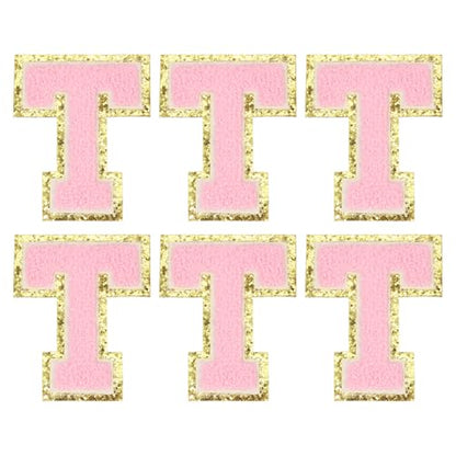 MECCANIXITY Chenille Letter Patches 3.1" Alphabet T Iron on Embroidered Patch Sew on Letter Stickers Applique for Repairing Clothing Jeans Shoes Hats DIY(Pink, Pack of 6) - style: Letter-T