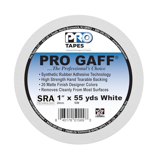 1" Pro Gaff Gaffers Tape 55 yards length white matte. Premium Heavy-Duty Gaffers Tape trusted by professional Gaffers. Made in the USA. Holds Tight, Easy to remove. (Pack of 48)