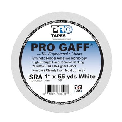 1" Pro Gaff Gaffers Tape 55 yards length white matte. Premium Heavy-Duty Gaffers Tape trusted by professional Gaffers. Made in the USA. Holds Tight, Easy to remove. (Pack of 48)