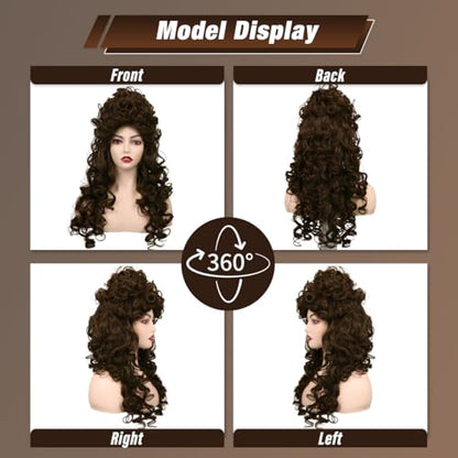 ColorGround Long Curly Fluffy Hair Wig for Women 60 70 80s Beehive Cosplay Wigs for Adults Halloween Costume (Brown) - color: Brown