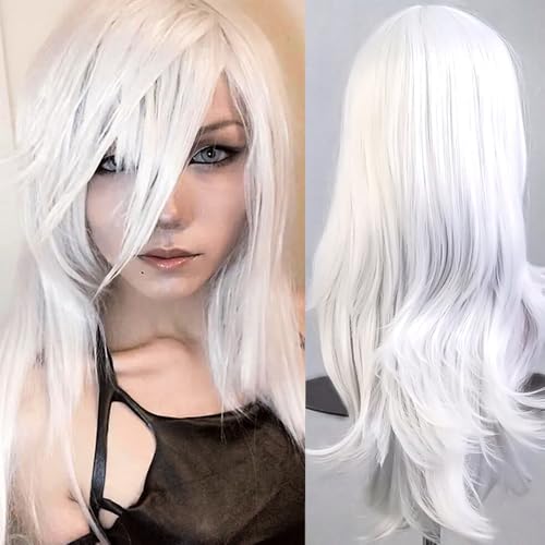 PORSMEER White Womens 26inch 70cm Long Wavy Hair Party Movie Cosplay Costume Halloween Wig - color: White