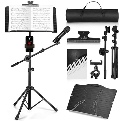 Music Stand, Vangoa Folding Sheet Music Stand with Detachable Microphone Stand & Phone Holder, Portable Lightweight with Music Sheet Clip Holder & Carrying Bag for Instrumental Performance - size: Music Stand + Microphone Stand