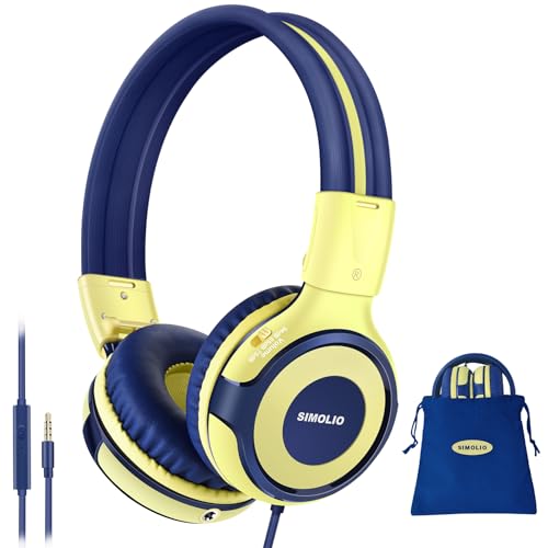SIMOLIO Manyshare Series- Kids Headphones with Mic for Tablet iPad Laptop, 75/85/94dB Volume Limit Headphone for Kid w/Share Port for Toddler, Durable Yellow Headset w/Carry Bag for Travel Classroom - color: Lemon Yellow