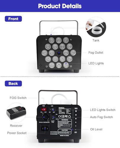Fog Machines with Lights, MOSFiATA 600W Smoke Machine with 18 RGB LED Lights, 2300 CFM Spray, Remote Control, Perfect for Halloween, Christmas, Wedding, Party, Club, DJ Stage Effect