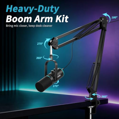 XLR/USB Dynamic Podcast Microphone for Streaming/Recording/Gaming | Mute Button, Reverb Effects, Noise Cancellation, RGB Light Boom Arm Stand, Headphones Jack,SNR>85dB - size: With Boom Arm