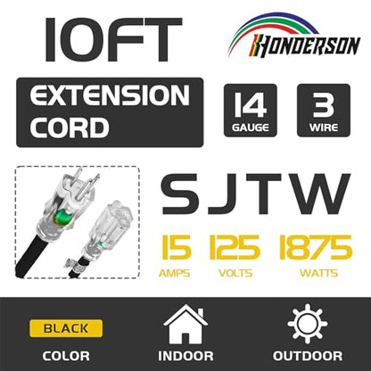 10 Ft Black Outdoor Extension Cord Lighted End Weatherproof 14 Gauge | UL Certified 14/3 SJTW Cable, 15A Rated, Great for Outdoor Projects, Tools and Seasonal Lights - size: 10FT, style: 14/3