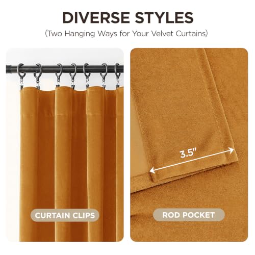 Joydeco Yellow Velvet Curtains 63 inch Length 2 Panels, Luxury Blackout Rod Pocket Thermal Insulated Window Curtains, Super Soft Room Darkening Drapes for Living Dining Room Bedroom,W52 x L63 inches - color: Rod Pocket | Golden Yellow, size: 52"W x 63"L (