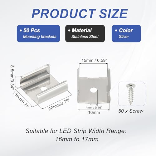 PATIKIL LED Strip Clips, 50pcs Stainless Steel Mounting Brackets Fixing Clip Clamp Support Holder with Screws for 16mm to 17mm LED Strip Lighting Cable - size: 16mm to 17mm