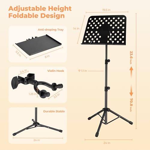 Vangoa Sheet Music Stand, Professional Portable Music Stand for Sheet Music with Violin Hanger, Folding Sheet Music Folder Music Instrument Stand with Carrying Bag, MD-3 - size: Music Stand + Violin Hanger